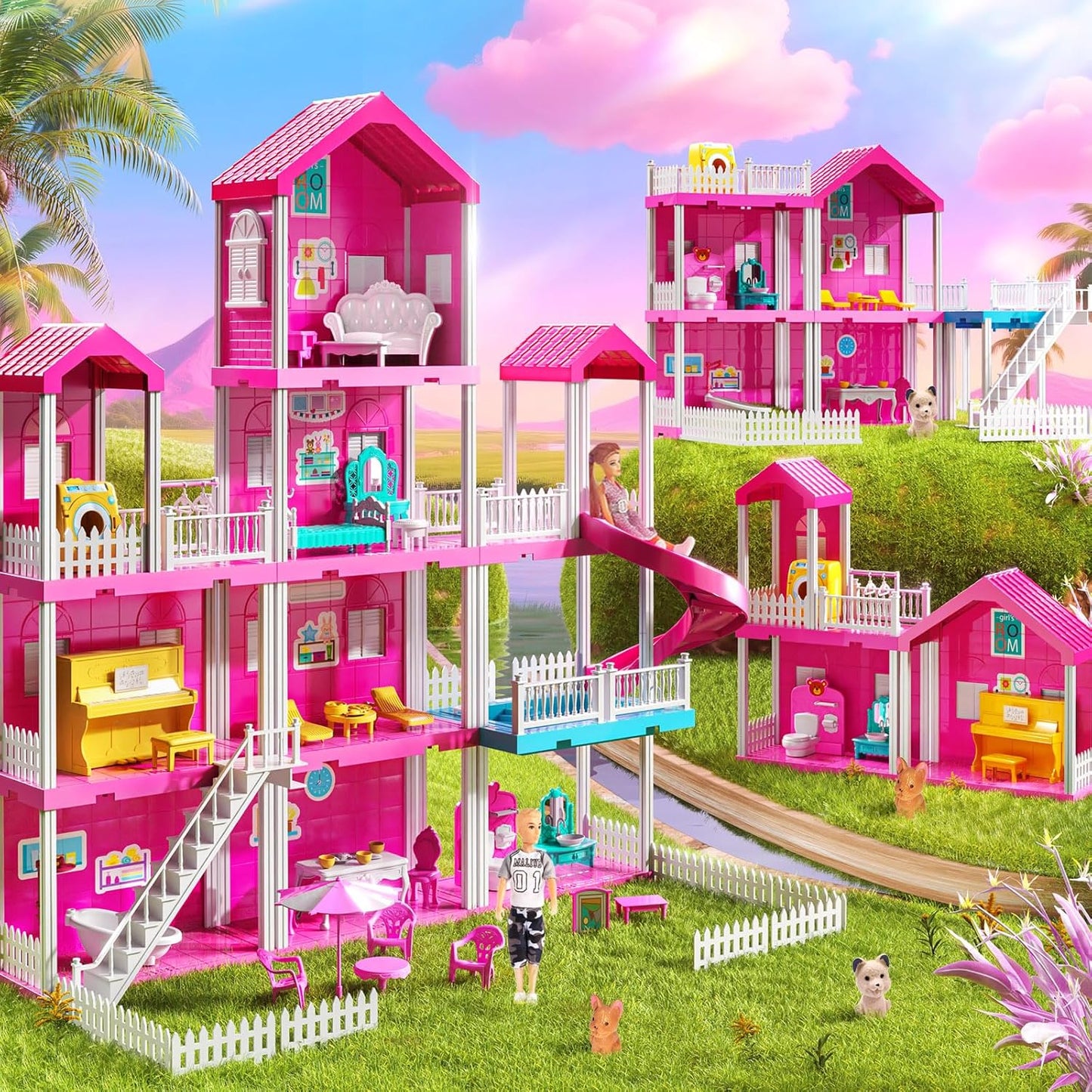 Pink Villa Playset for Girls Ages 3-7, 4-Story 10-Room House with 2 Dolls, Furniture & Accessories, Pretend Play Toddler Toy, Birthday Gifts for Kids 3-8
