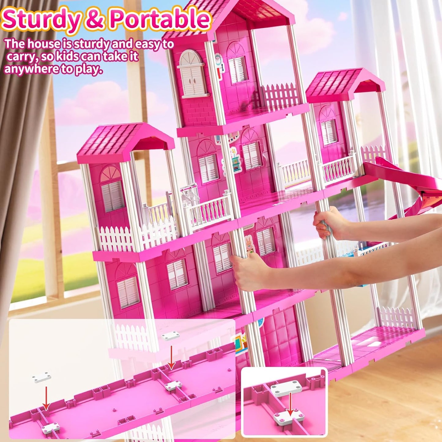 Pink Villa Playset for Girls Ages 3-7, 4-Story 10-Room House with 2 Dolls, Furniture & Accessories, Pretend Play Toddler Toy, Birthday Gifts for Kids 3-8