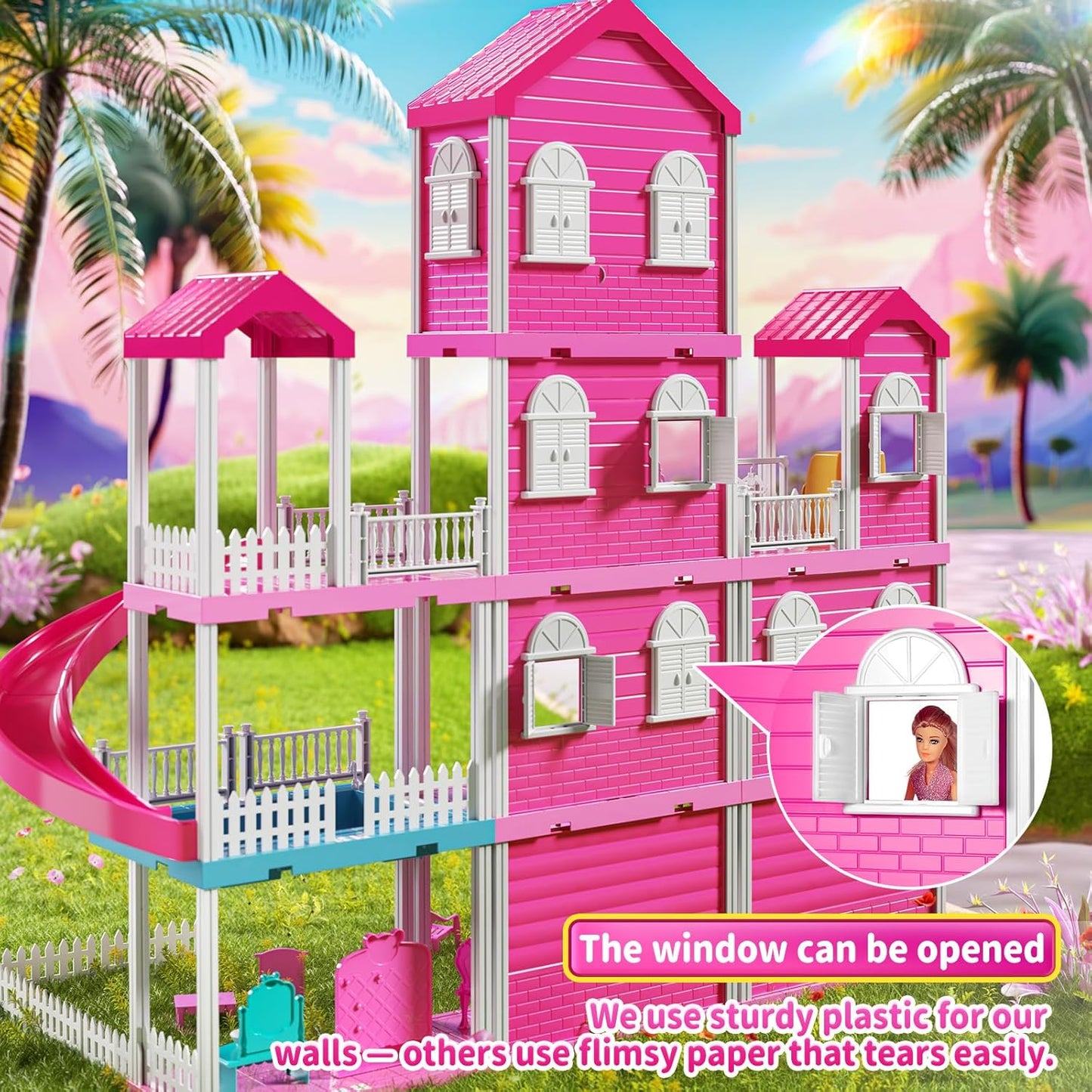 Pink Villa Playset for Girls Ages 3-7, 4-Story 10-Room House with 2 Dolls, Furniture & Accessories, Pretend Play Toddler Toy, Birthday Gifts for Kids 3-8