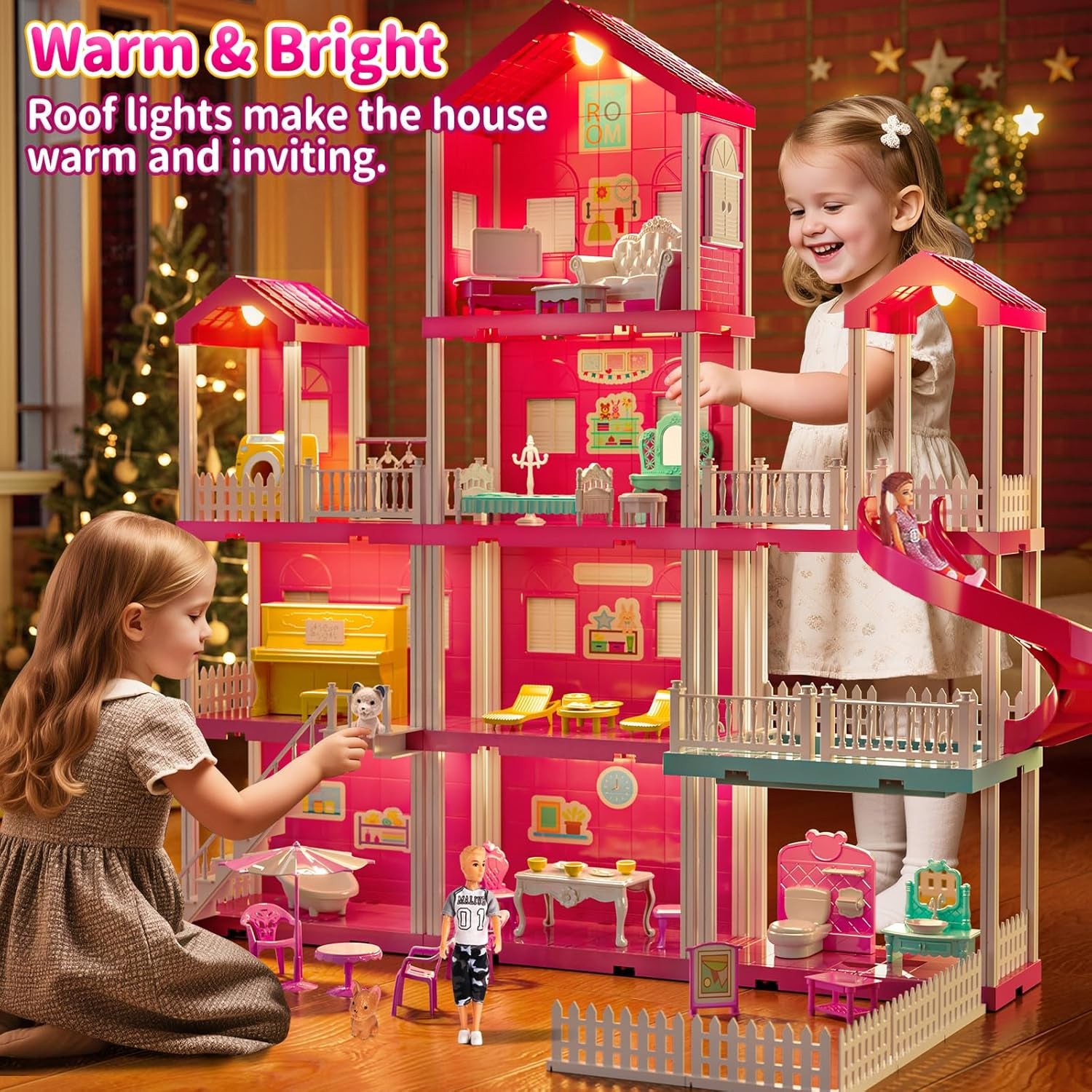 Pink Villa Playset for Girls Ages 3-7, 4-Story 10-Room House with 2 Dolls, Furniture & Accessories, Pretend Play Toddler Toy, Birthday Gifts for Kids 3-8