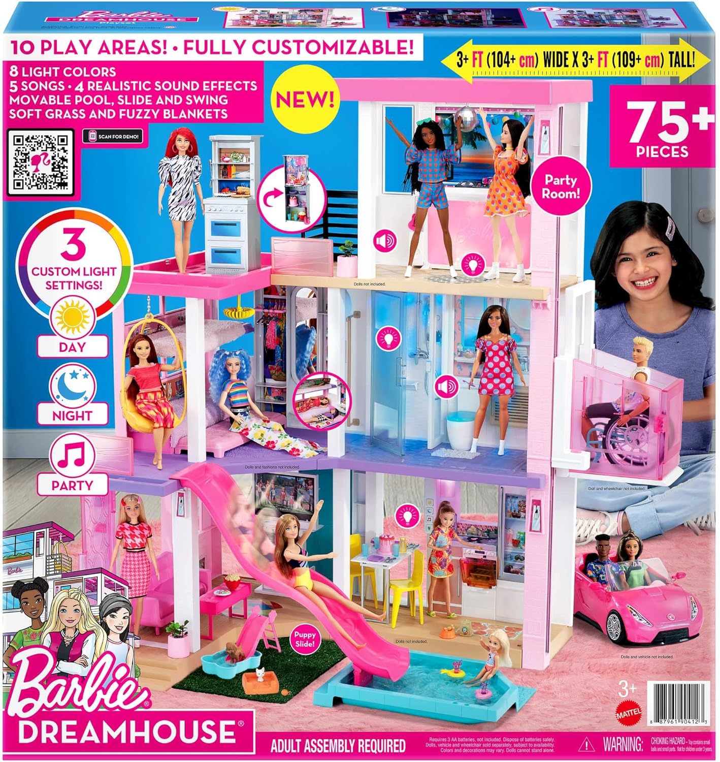 Barbie Dreamhouse (3.75-Ft) 3-Story Dollhouse Playset with Pool & Slide, Party Room, Elevator, Puppy Play Area, Customizable Lights & Sounds, 75+ Pieces, Gift for 3 to 7 Year Olds (Amazon Exclusive)
